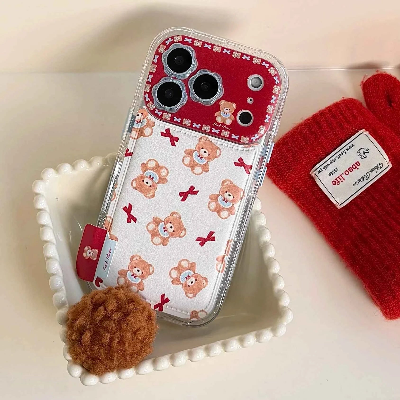 Cute Bow Bear Phone Case for iPhone 17, 17 Pro, 17 Pro Max, 16, 15, 14, 13 Pro Max Shockproof Phone Case with Lanyard