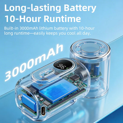 Electronics device with 3000mAh battery and 10-hour runtime on a blue background