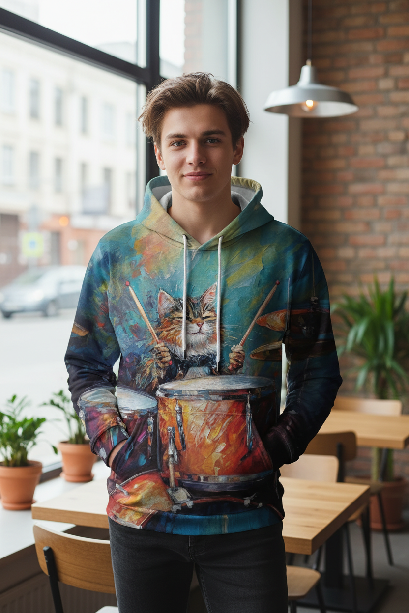 A young man wearing a colorful graphic hoodie with a detailed print of a cat playing drums, standing in a modern cafe interior with brick walls, wooden tables, and potted plants.