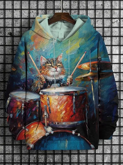 Hoodie with a cat playing drums design on a textured background