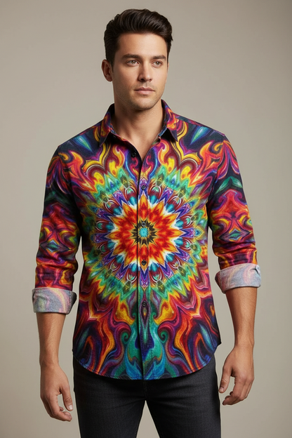 3D Printed Men's Colorful Gradient Collar Long Sleeved Casual Shirt