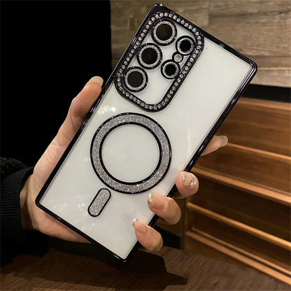 Transparent Plating Glitter Rhinestones Diamond for Magsafe Magnetic Case for Samsung S24 S23 S22 Ultra Plus Soft Silicone Cover