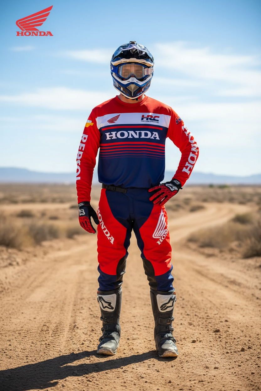 A motocross rider stands on a dirt road in a desert landscape, wearing a red and navy Honda racing suit with a matching helmet and goggles. The Honda logo is prominently displayed in the top left corner.