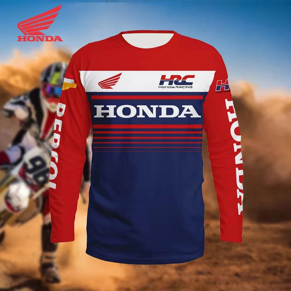 Red and blue Honda racing jersey with desert motocross background