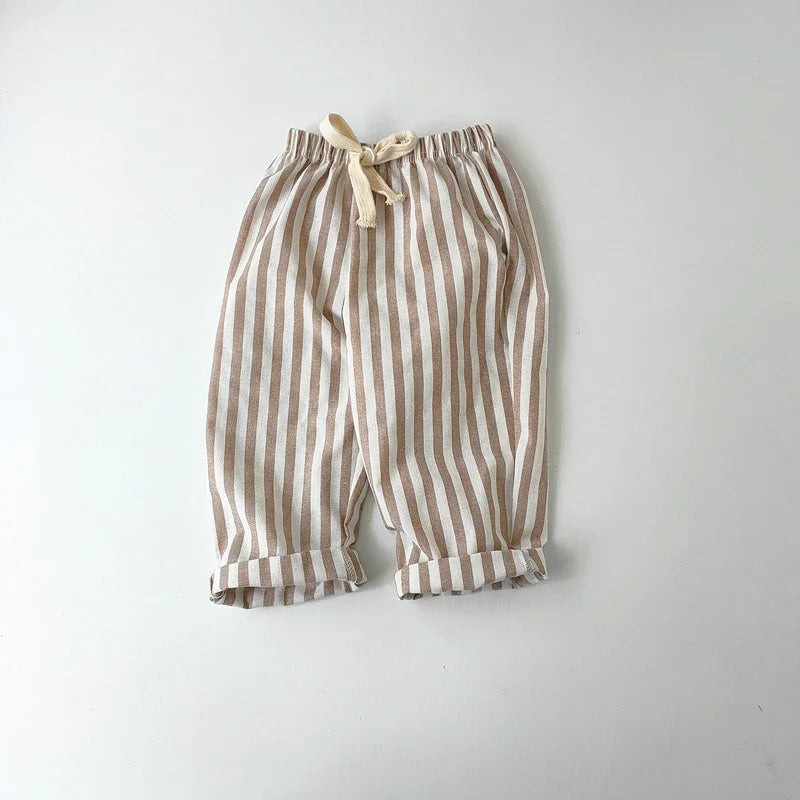 Spring Summer Boys Striped Loose Pants Baby Girl Vintage Casual Linen Cotton Harlan Pants Kids Lace-up Pant Children Clothing