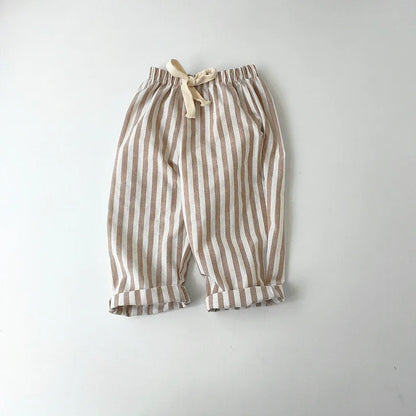 Spring Summer Boys Striped Loose Pants Baby Girl Vintage Casual Linen Cotton Harlan Pants Kids Lace-up Pant Children Clothing
