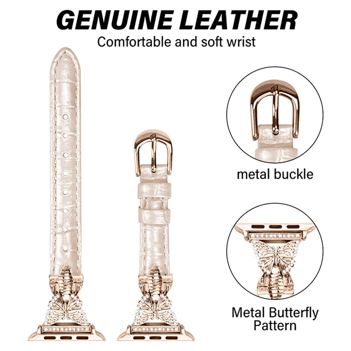 2in1 Leather compatible with metal band apple watch watch band 38mm 40mm 41mm 42mm 44mm 45mm women,metal butterfly genuine star compatible iWatch series 9/8/7/6/5/4/3/2/1/SE