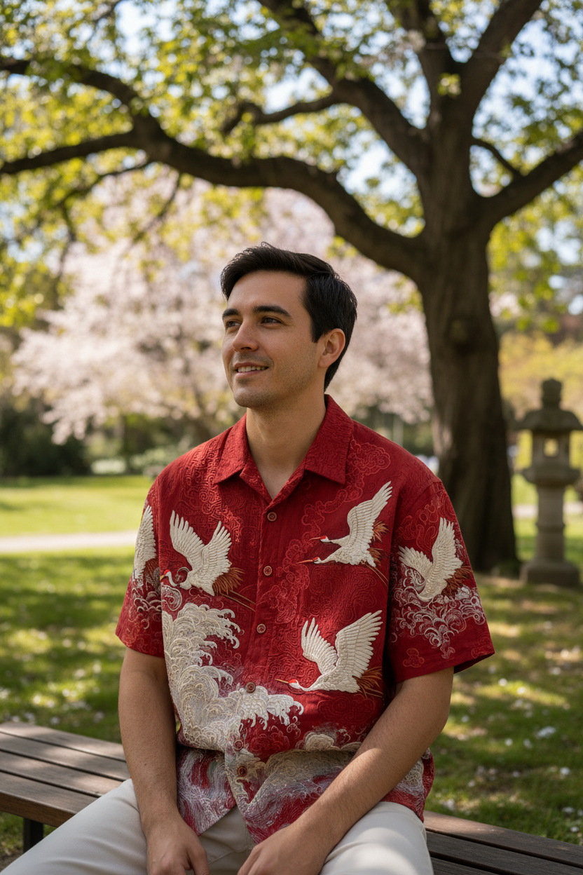 A man sitting on a park bench wearing a red short-sleeve button-up shirt with a white crane pattern, set against a background of green grass, trees, and cherry blossoms.