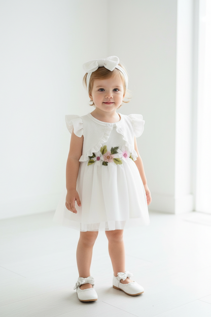 Young girl wearing a white dress with floral details and a headband, standing against a light background.