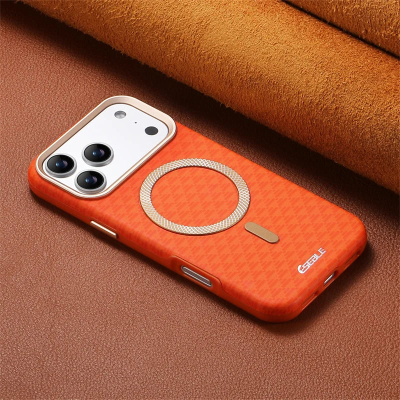 Orange phone case with magnetic ring on a brown textured surface