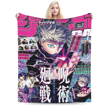 A woman holds up a large Jujutsu Kaisen 2021 Summer magazine-style blanket or poster cover featuring anime artwork and Japanese text. The product fills most of the frame against a plain white background.