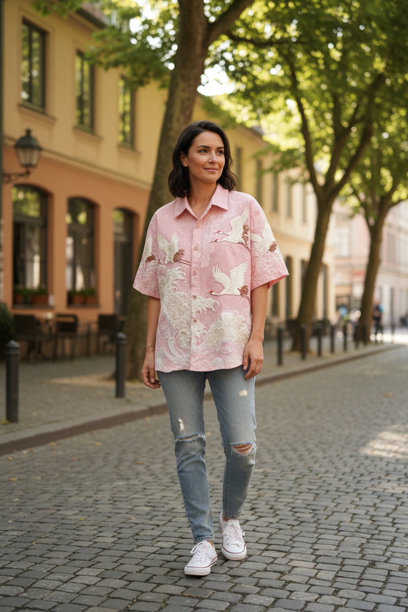 A woman walking on a cobblestone street wearing a light pink short-sleeve button-up shirt with a white floral print, distressed light-wash jeans, and white sneakers.