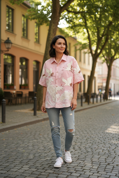 A woman walking on a cobblestone street wearing a light pink short-sleeve button-up shirt with a white floral print, distressed light-wash jeans, and white sneakers.