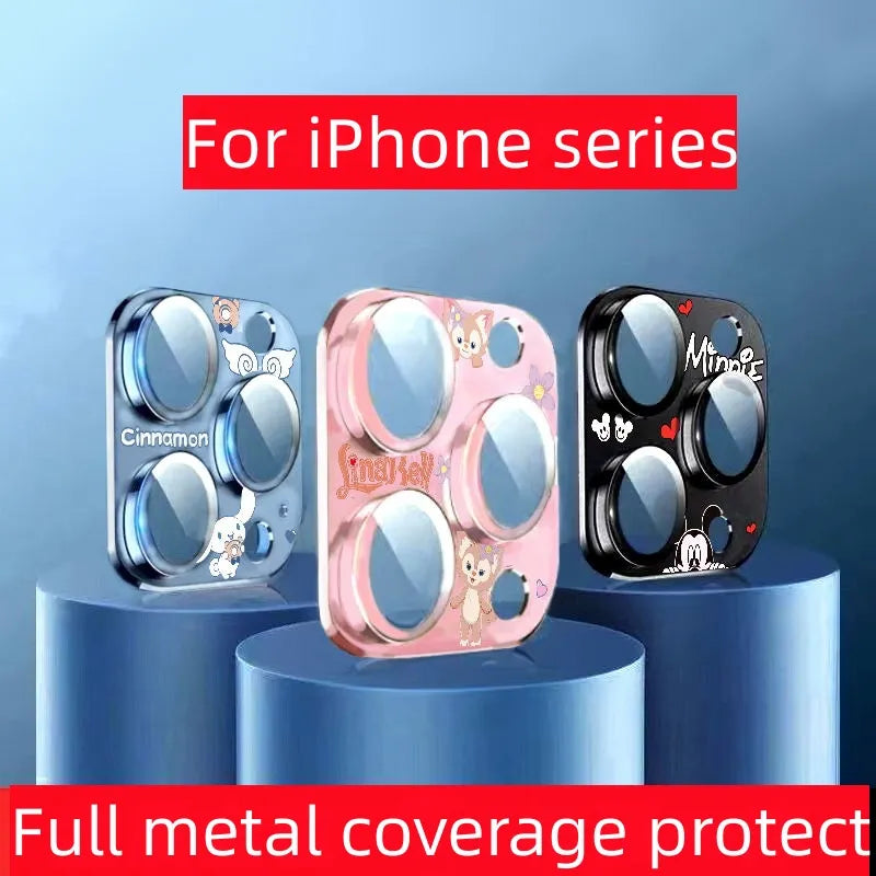 3D Full Cover Metal Armor Camera Lens Glass for iPhone 11 12Mini 13 14 15Pro Max Cute Sanrioo Helloo Kitty Kuromii Screen Protector