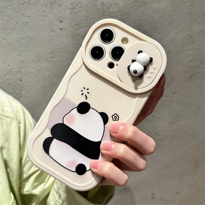 3D Ears Panda Funny Duck Cartoon Sliding Camera Case for iPhone 16 Pro Max 14 Plus 15 X XS XR 7 11 12 13 SE2 3 Wave Phone Capa