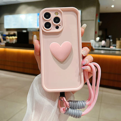 Luxury 3D Love Heart Matte Soft Lanyard Rope Phone Case For iPhone 16 15 14 13 12 11 Pro Max X XS XR 7 8 Plus Shockproof Cover