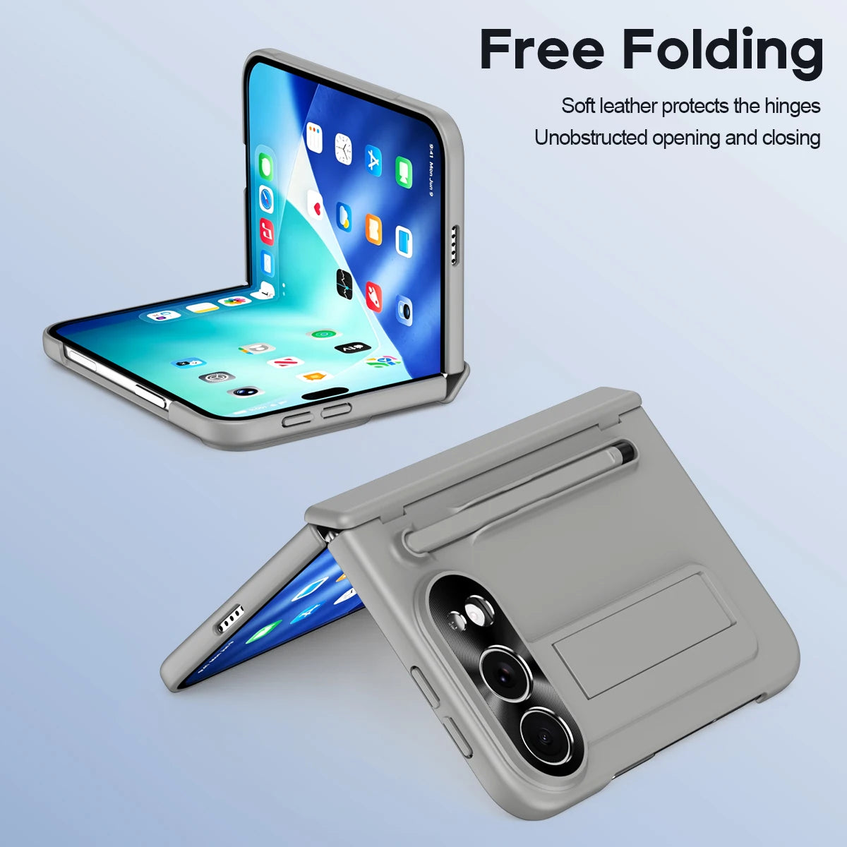 A light gray protective case for a folding smartphone, shown both open with a phone inside and closed in a folded position with an integrated kickstand. Text on the image reads 'Free Folding' with additional descriptive copy about protecting the hinges and unobstructed opening and closing.
