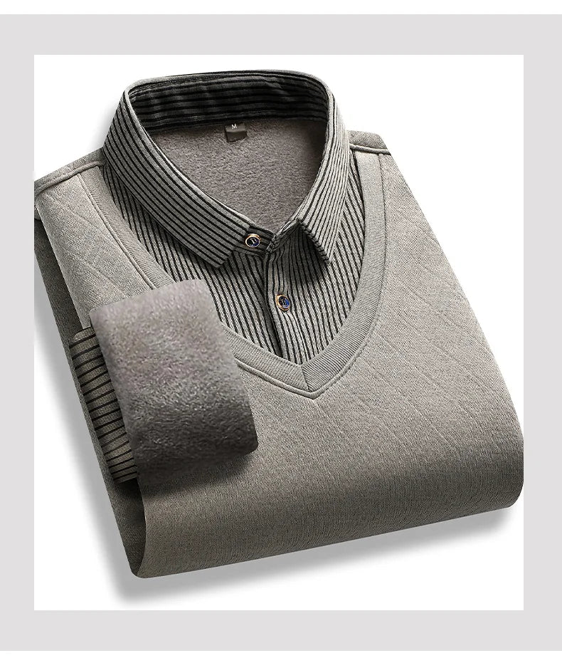 Retro Winter Pullovers Men Polo Neck Sweaters Fashion Striped Fleece Lined Polo Shirt Jumper Thick Knitting Sweaters