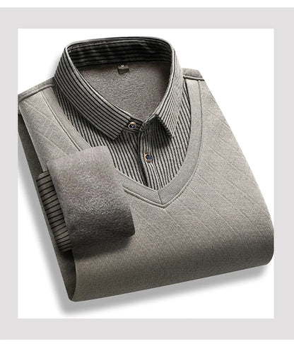 Retro Winter Pullovers Men Polo Neck Sweaters Fashion Striped Fleece Lined Polo Shirt Jumper Thick Knitting Sweaters