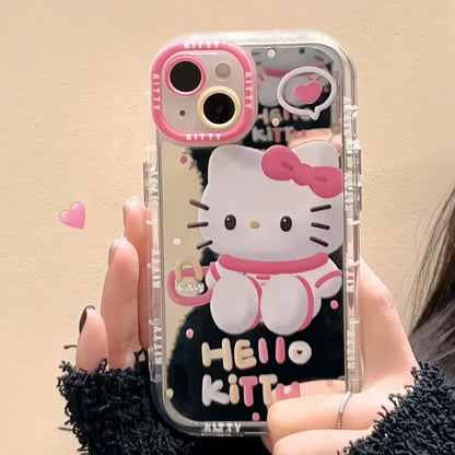 Cute Girl Cartoon Kawaii Hello Kitty Mirror Phone Case For iPhone 16 15 14 13 12 11 Pro Max XR XS MAX 7 8 Plus Y2K Lovely Cover