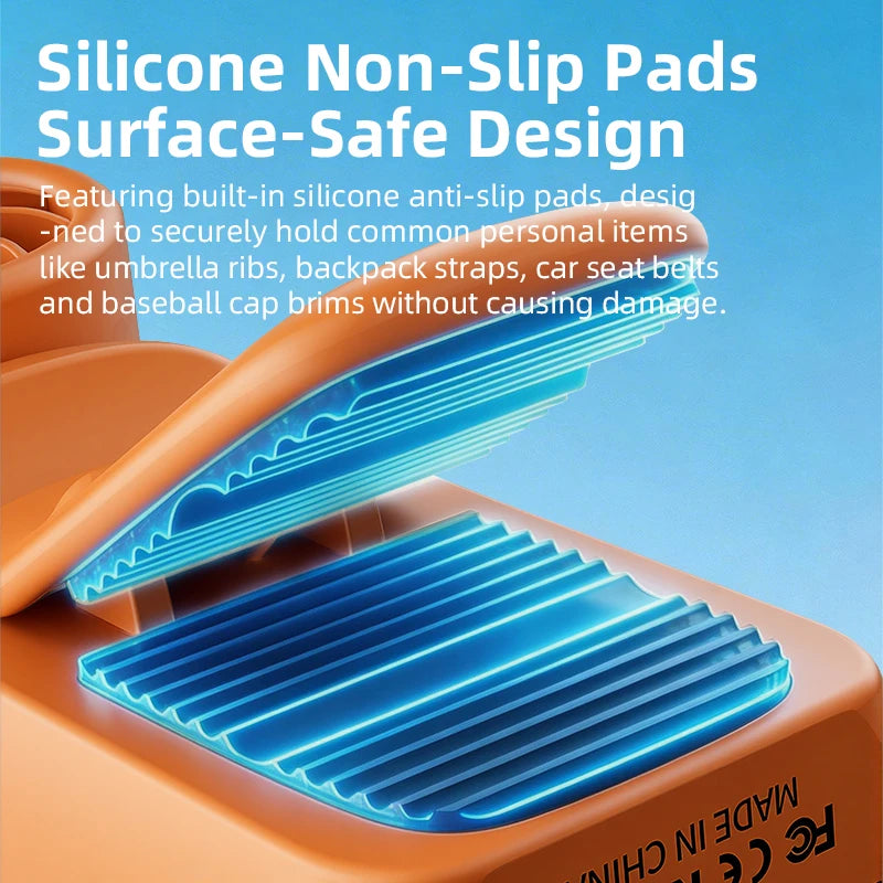 Silicone non-slip pads on an orange surface with text about their design and features.