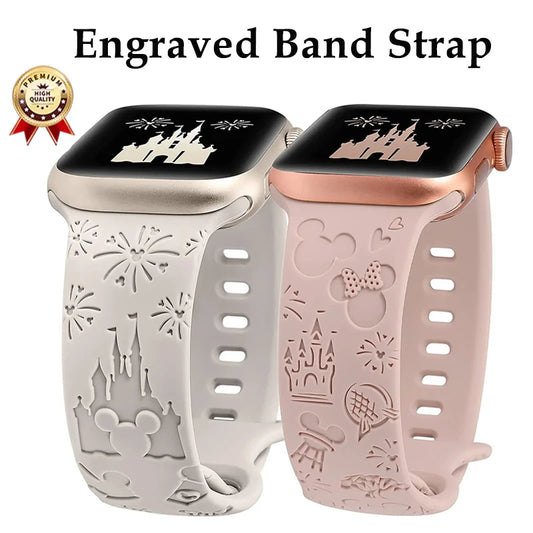Mickeyyy Engraved Band Strap for Apple Watch Band 44mm 40mm 45mm 41mm 38mm 42mm Silicone Solo Loop Bracelet iWatch 9 8 Ultra 7 6 5 3 2 se