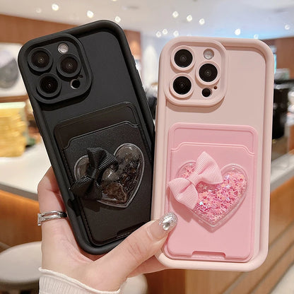 Lovely 3D Love Heart Card Bag Holder Phone Case For iPhone 15 14 13 12 11 16 Pro Max XR XS 7 8 Plus Shockproof Candy Soft Cover