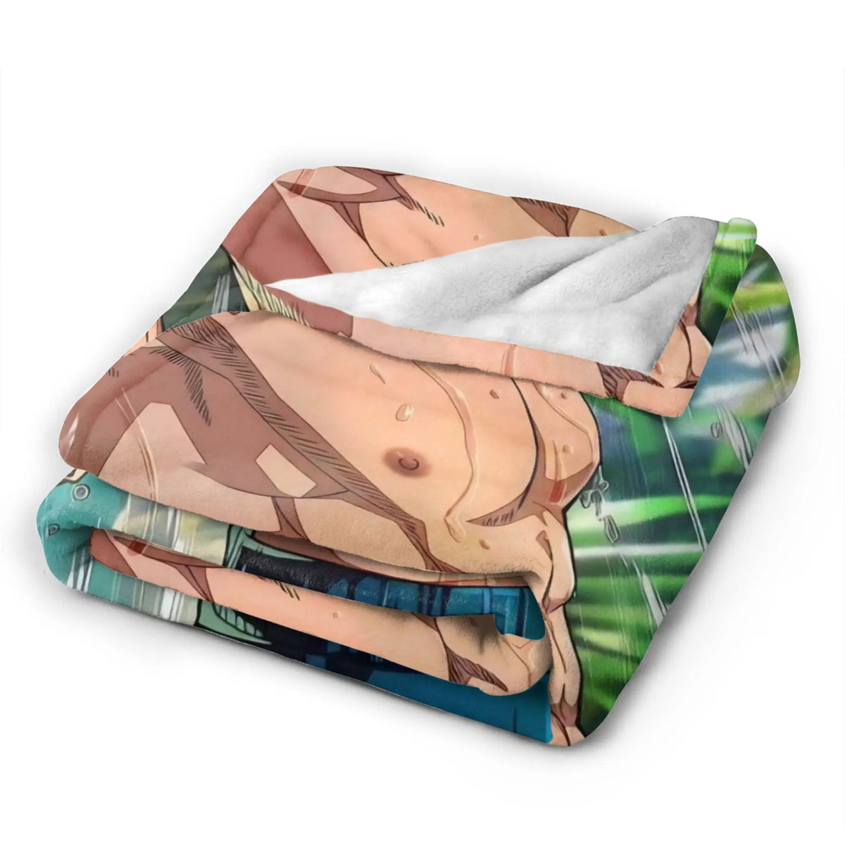 A folded blanket featuring an anime-style printed design with a light gray sherpa fleece backing, shown on a plain white background.