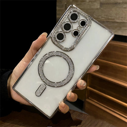 Transparent Plating Glitter Rhinestones Diamond for Magsafe Magnetic Case for Samsung S24 S23 S22 Ultra Plus Soft Silicone Cover