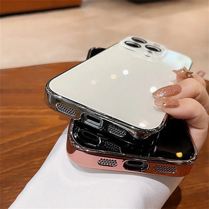 Luxury Plating Bumper Armor Glossy Phone Case For iPhone 15 16 Pro Max 14 13 12 11 Crystal Glass Full Lens Protection Back Cover