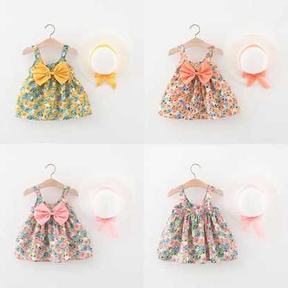 2Pcs/Set Flowers Baby Girl Dresses Summer Fashion Toddler Children Clothes Beach Smooth Dress Kid's Costume + Hat 0 To 3 Y
