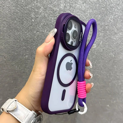 16 ProMax Flip Lens Bracket Magsafe Case for iPhone 16 15 14 13 12 11 Pro Max 16 Plus Fashion Nylon Lanyard Clear Magnetic Cover
