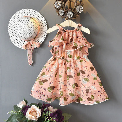 Girls Dress + Hat Chiffon Comfortable Children's Dress 2024 Summer Dress Floral Girls' Sleeveless Dress For Children 2PCS/Set