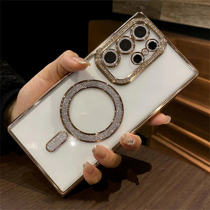 Transparent Plating Glitter Rhinestones Diamond for Magsafe Magnetic Case for Samsung S24 S23 S22 Ultra Plus Soft Silicone Cover