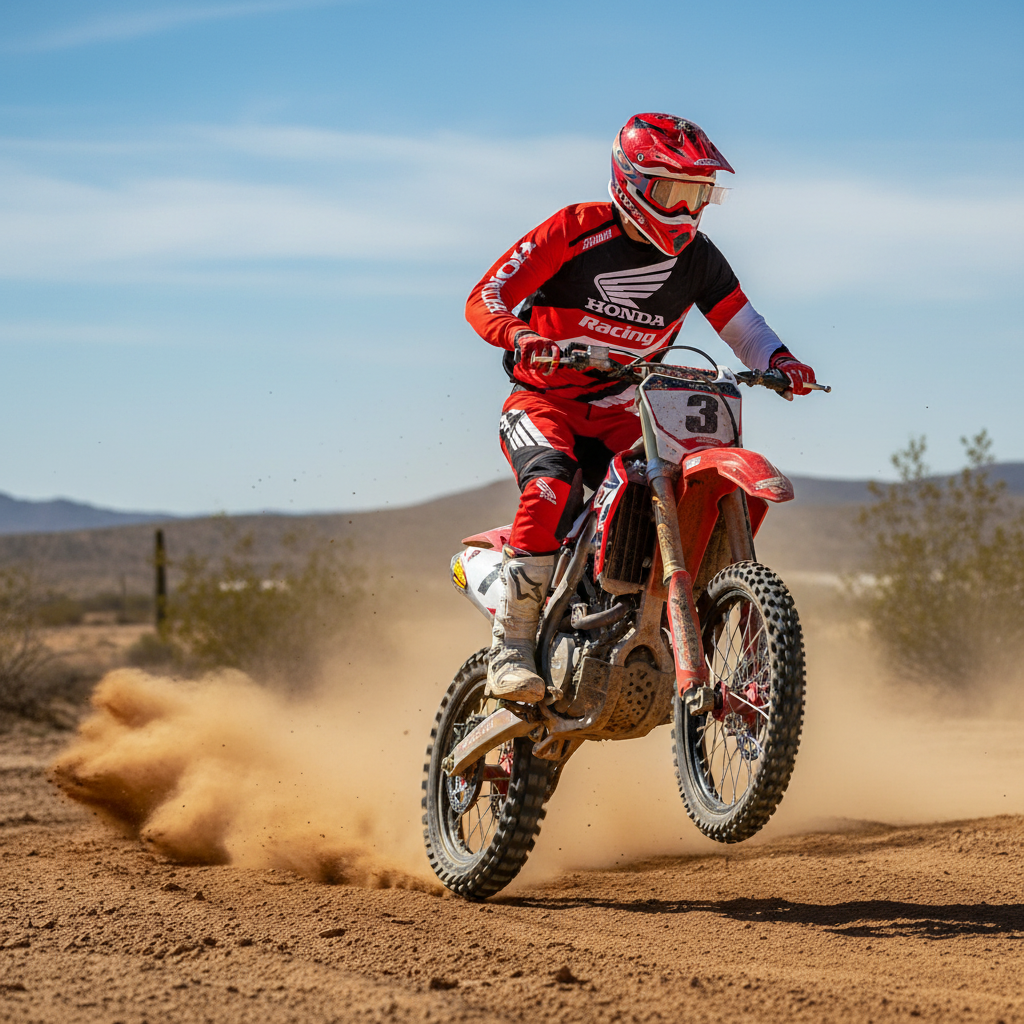 A motocross rider in a red Honda Racing suit and helmet rides a red dirt bike over a dusty dirt track under a blue sky.