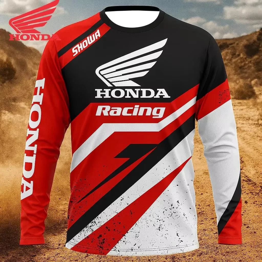 Red, black, and white Honda Racing jersey on a dirt bike track background