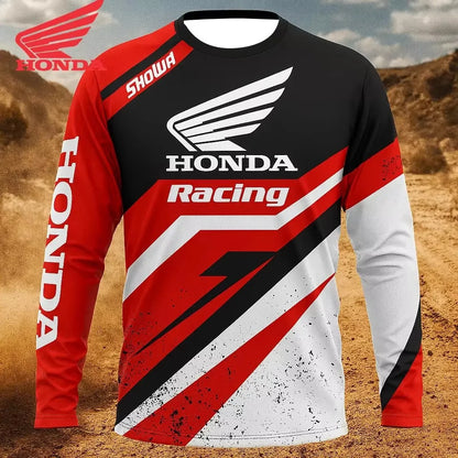 Red, black, and white Honda Racing jersey on a dirt bike track background