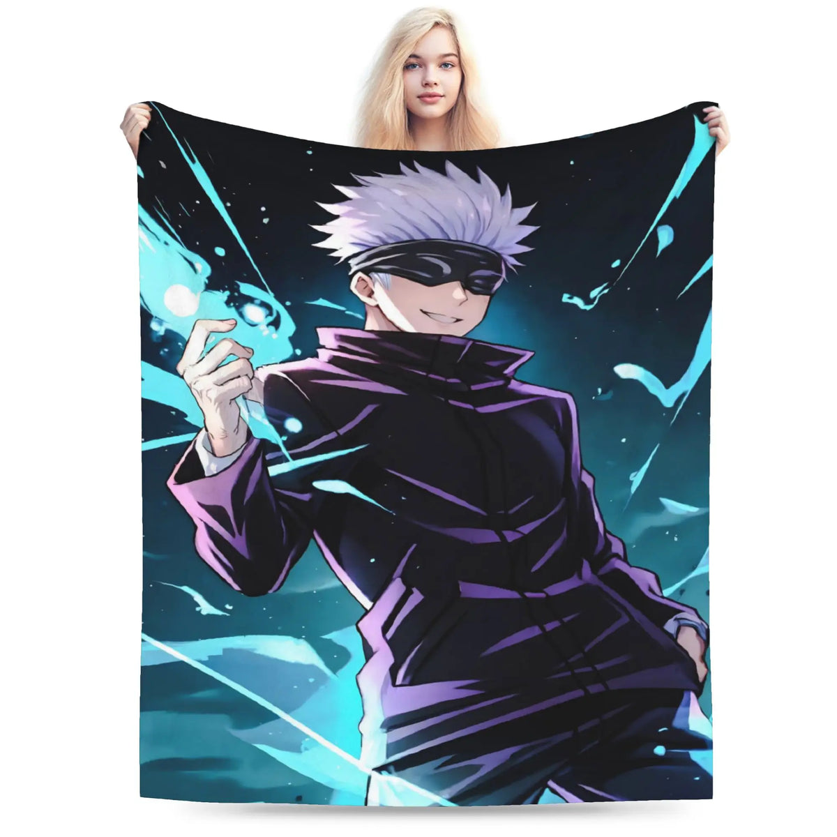 A person holding up a large printed blanket or tapestry featuring an anime character with spiky silver hair, a black eye mask, and a dark purple outfit against a blue and black abstract background.