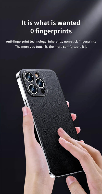 Genuine Cowhide Leather Phone Case for iPhone 16 15 11 12 13 14 Pro Max Luxury Plating Shockproof Lens Protection Back Cover
