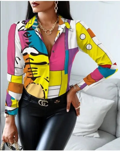 Elegant Women's Fashion Blouse 2025 Spring/Summer Digital Print Shirt Commuter Slim Fit Office Female Blusas Chemise Femme S-3XL