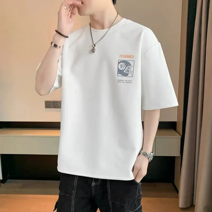 2025 Summer New Men's Short Sleeve T-Shirt Hong Kong Style Loose Fit Versatile Ice Silk Thin Clothing Youth Trendy