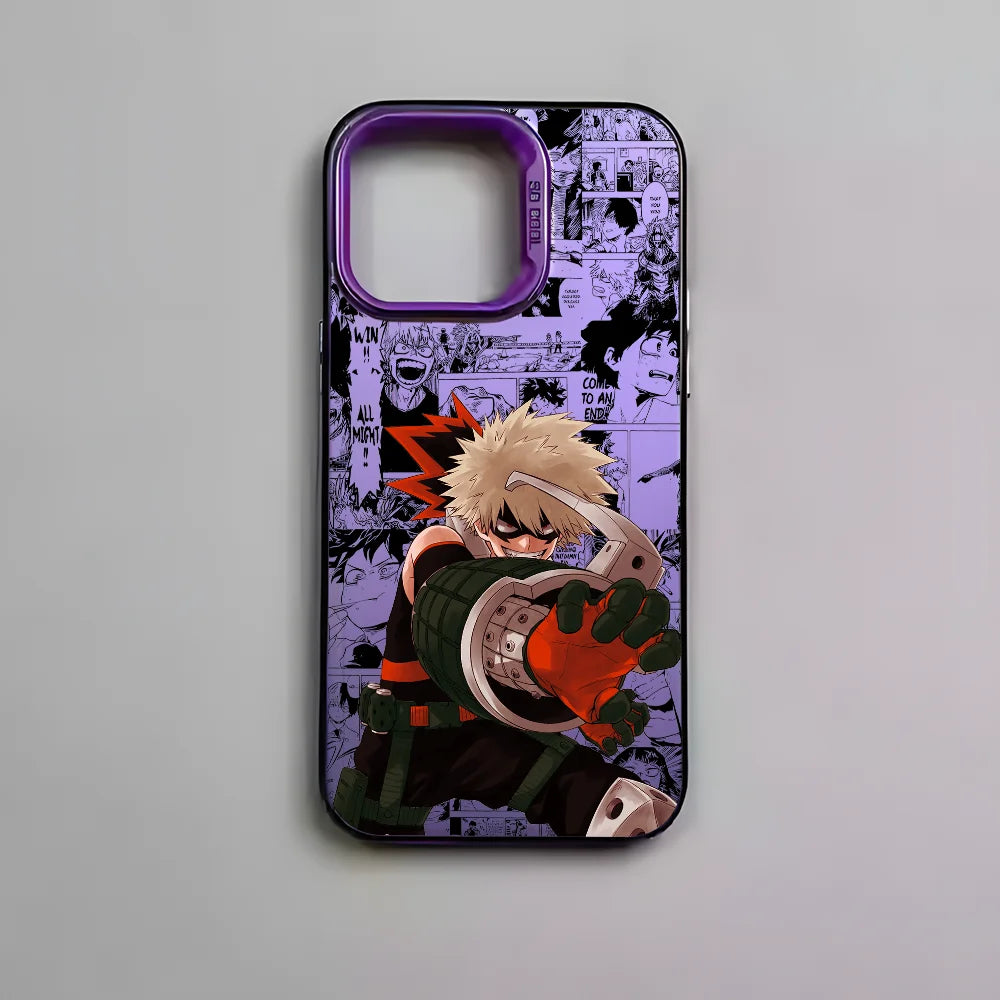 Katsuki Bakugo Anime Phone Case for iPhone 16 15 14 13 12 11 Pro Max - Black Matte Multicolor Laser Metallic Aurora Cover