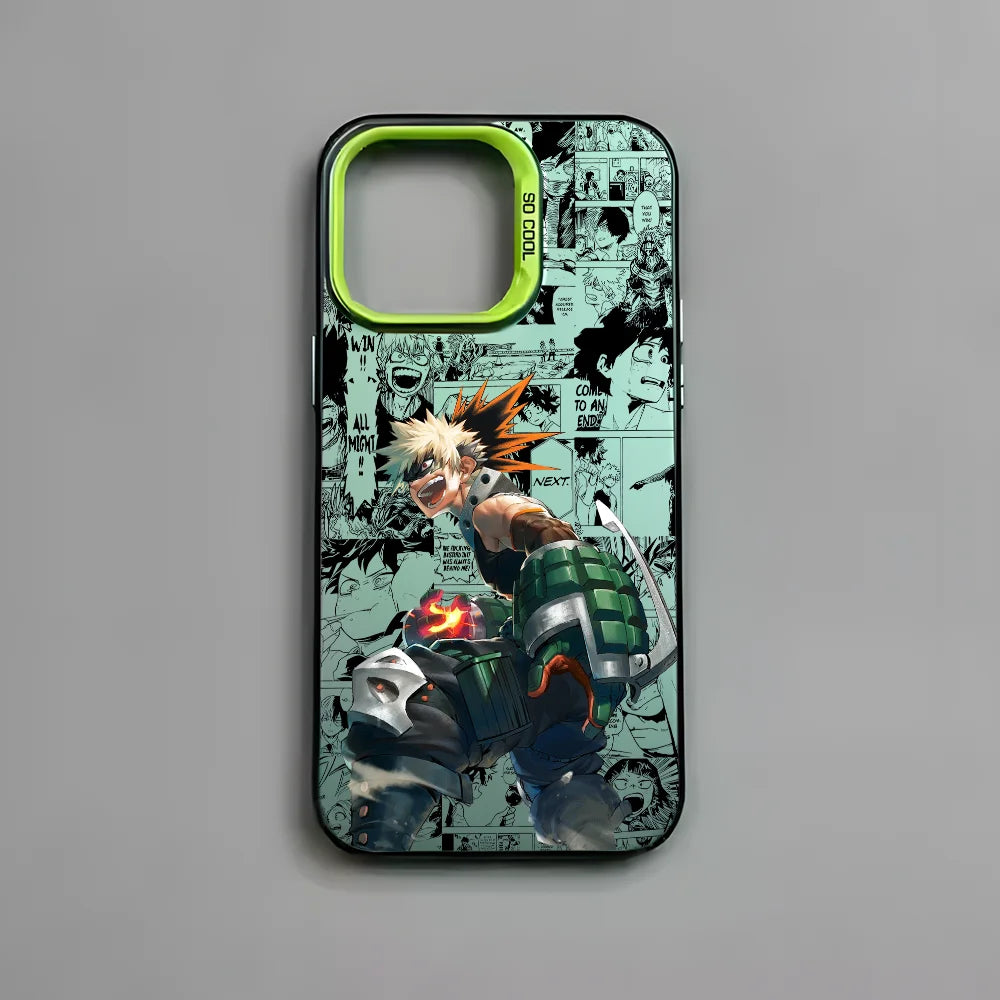 Katsuki Bakugo Anime Phone Case for iPhone 16 15 14 13 12 11 Pro Max - Black Matte Multicolor Laser Metallic Aurora Cover