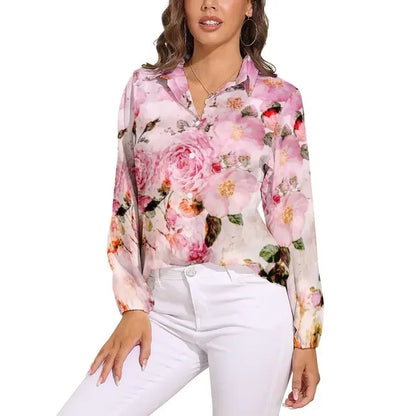 Red Roses Blouse Ladies Shirts Floral Print Retro Pattern Blouses Woman Casual Loose Shirts Spring Summer Long Sleeve Blouses