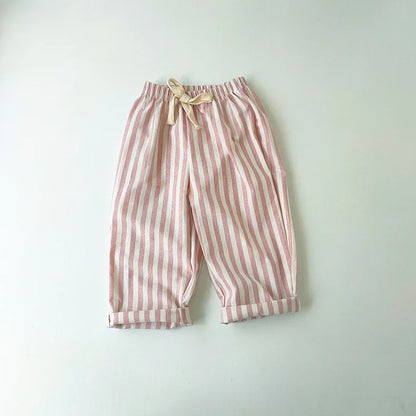 Spring Summer Boys Striped Loose Pants Baby Girl Vintage Casual Linen Cotton Harlan Pants Kids Lace-up Pant Children Clothing