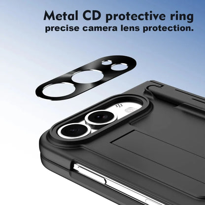 Black metal camera lens protector ring shown floating above a smartphone case, with text reading 'Metal CD protective ring precise camera lens protection.' on a light blue-to-white gradient background.