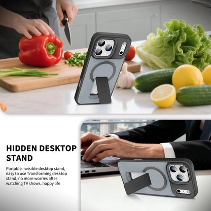 Phone case with hidden desktop stand feature shown in kitchen and office settings.