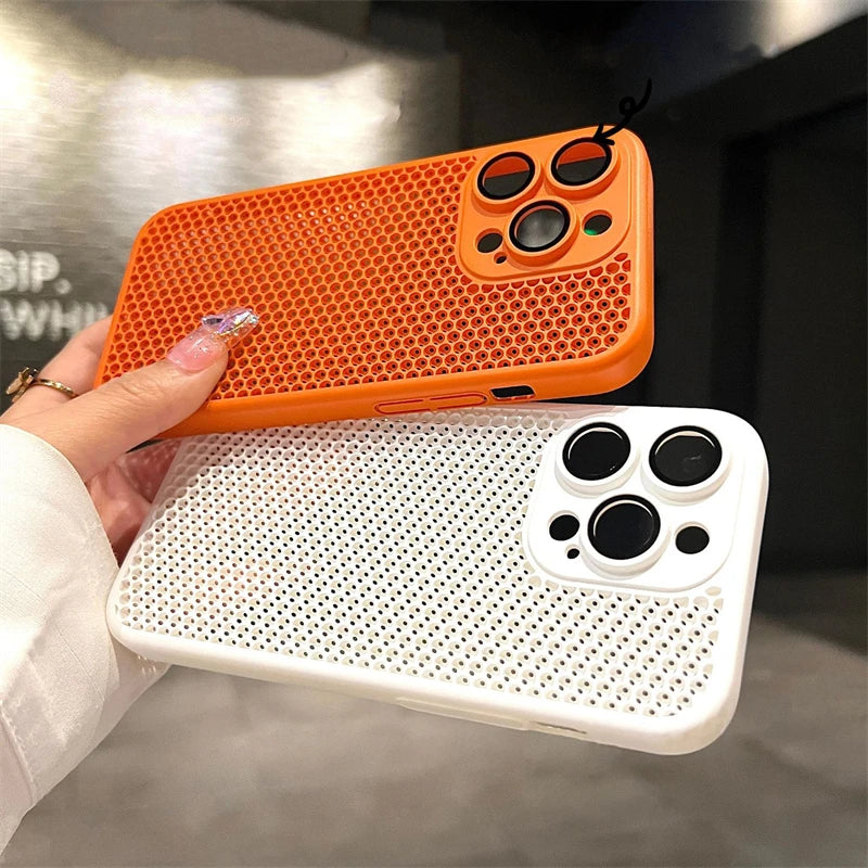 Original Heat Dissipation Breathable Mesh Hole Case For iPhone 16 15 14 11 12 13 Pro Max Plus Lens Protection Shockproof Cover