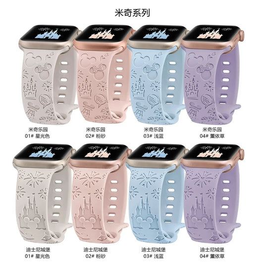 Mickeyyy Engraved Band Strap for Apple Watch Band 44mm 40mm 45mm 41mm 38mm 42mm Silicone Solo Loop Bracelet iWatch 9 8 Ultra 7 6 5 3 2 se