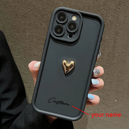 3D Gold Love Heart Personalized Custom Name Case For iPhone 16 15 14 13 12 11 Pro Max X XS XR 7 8 Plus Silicone Candy DIY Cover